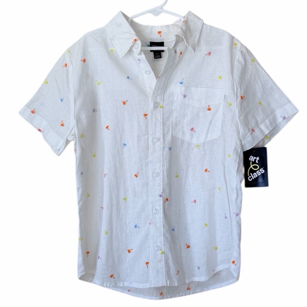 ART CLASS White Linen Mix Palm Tree Button Down T Shirt
